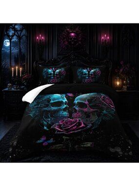 Gothic Skull Queen Bedding Set with Comforter & Quilt, Halloween Rose Design